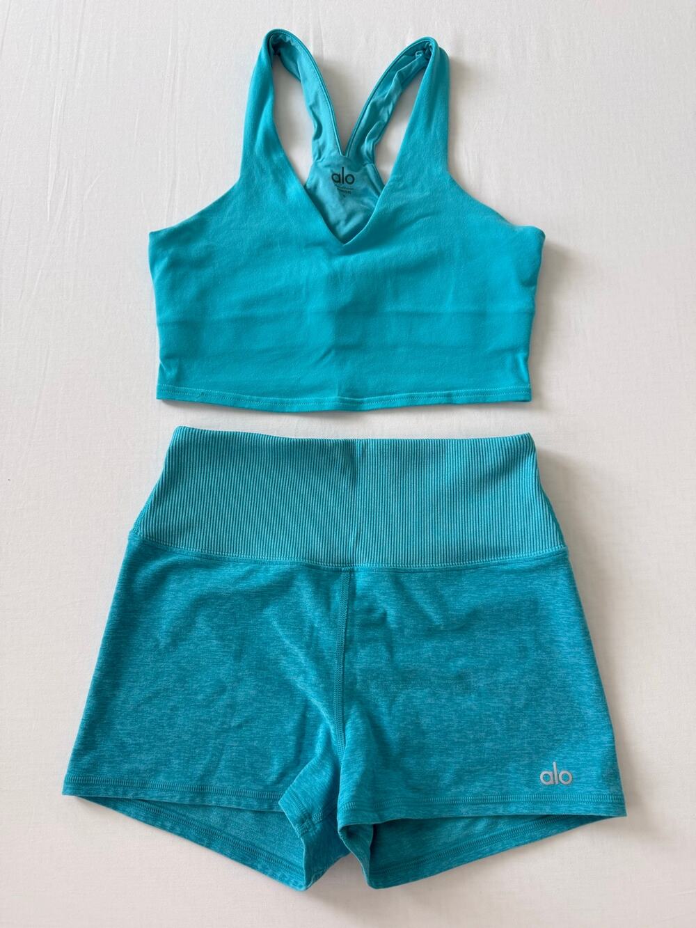 Alo Yoga Aqua Heather Sports Bra High Waist Shorts Set Women’s Size S